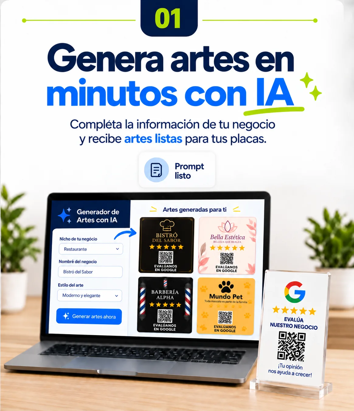Generador de diseños con IA mostrando artes personalizadas para placas