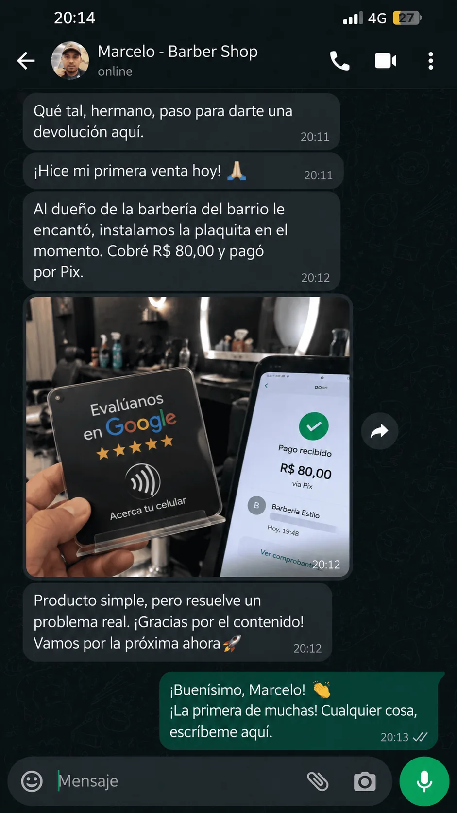 Testimonio de Marcelo mostrando la primera venta de una tarjeta en una barbería